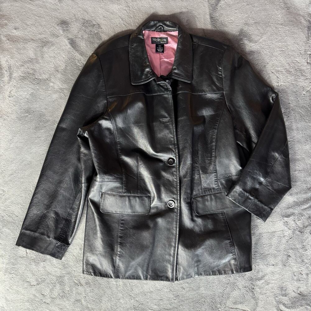 VTG Style & Co Women’s Black Genuine Leather‎ Jacket Size 20W Y2K Quiet Luxury